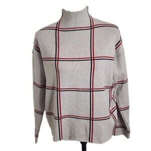 Tahari Sweater Mock Neck Beige Windowpane Long Sleeve Women's Medium